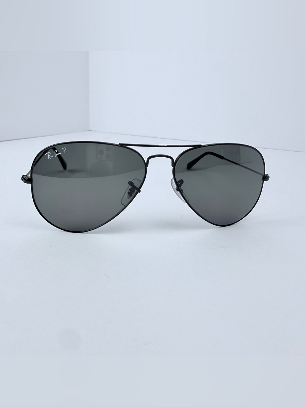 Ray-Ban P RB3025 Aviator Large Black Frames and Gray Polarized lens sunglasses